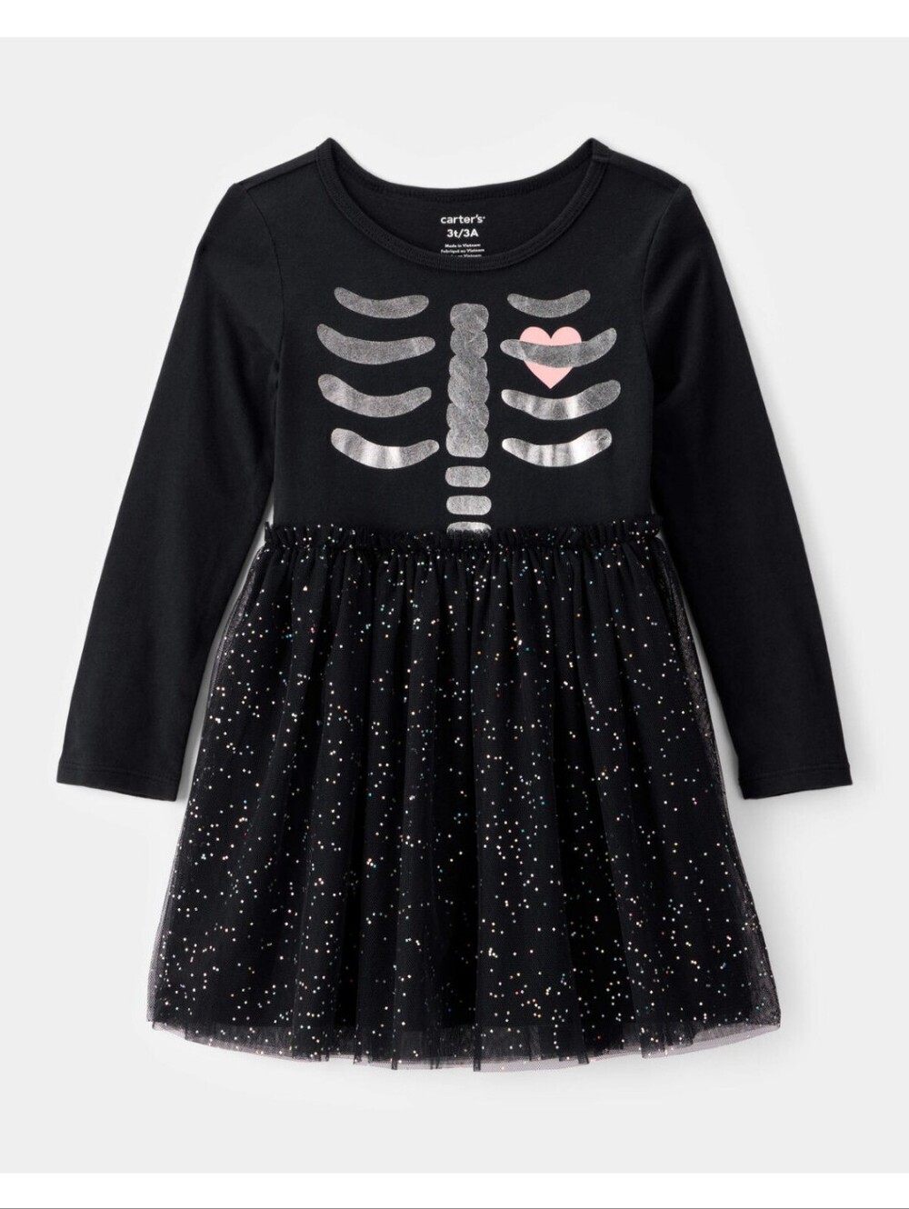Carter's Toddler Halloween Skeleton. Black Glitter Tulle Dress with Metallic